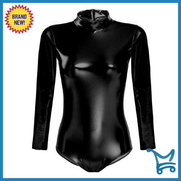 Shiny Metallic Long Sleeve Leotard Mock Turtleneck Bodysuit Gymnastics Dance